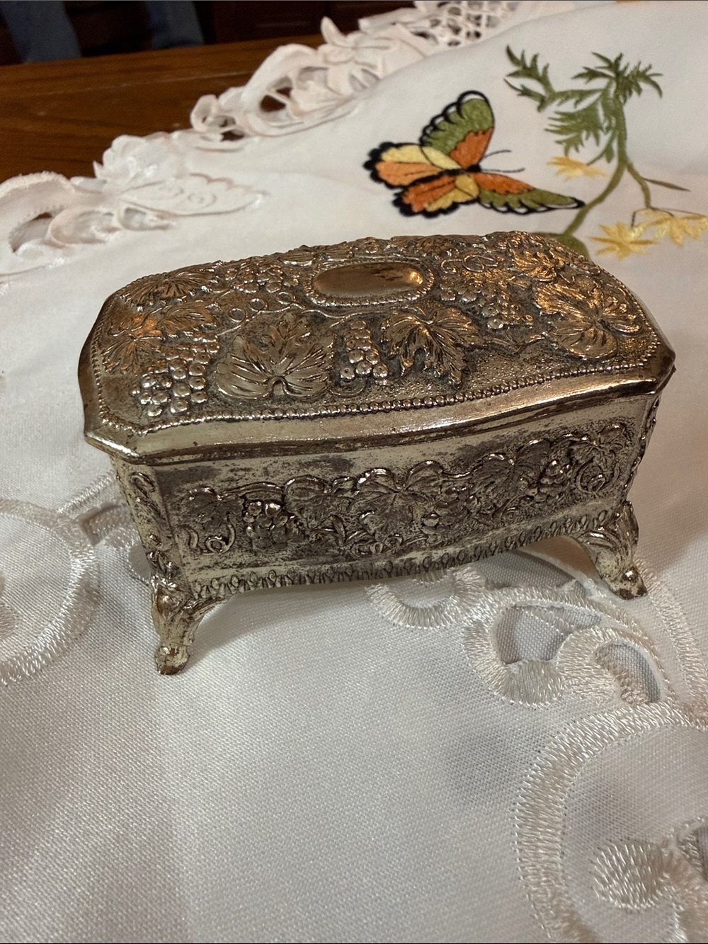 Vintage Japanese Silver Ornate Footed Trinket Jewelry Box Velvet Grape Design